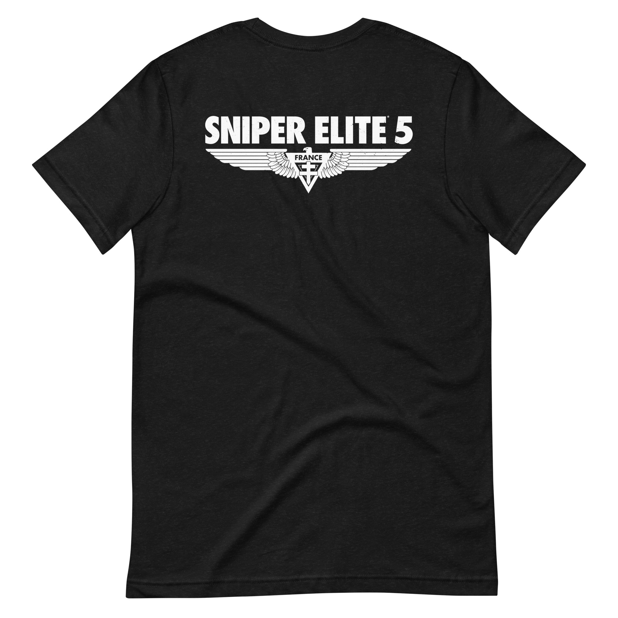 Image of a black coloured Sniper Elite 5 t-shirt featuring a large Sniper elite 5 logo in the middle