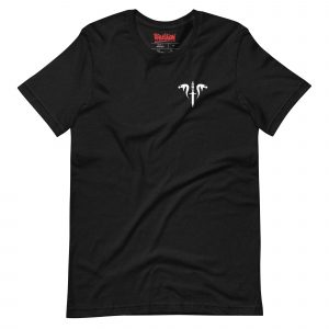 Image of a black Sniper Elite 5 t-shirt featuring a small Mercenaries emblem on the left breast pocket