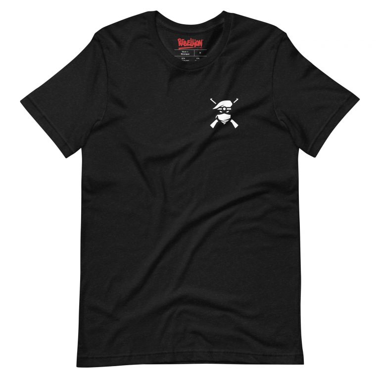 Image of a black coloured Sniper Elite 5 t-shirt featuring a small Renegades emblem on the left breast pocket