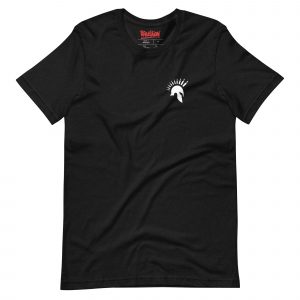 Image of a black coloured Sniper Elite 5 t-shirt featuring a small Warriors emblem on the left breast pocket