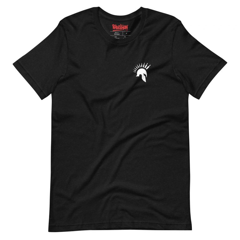 Image of a black coloured Sniper Elite 5 t-shirt featuring a small Warriors emblem on the left breast pocket