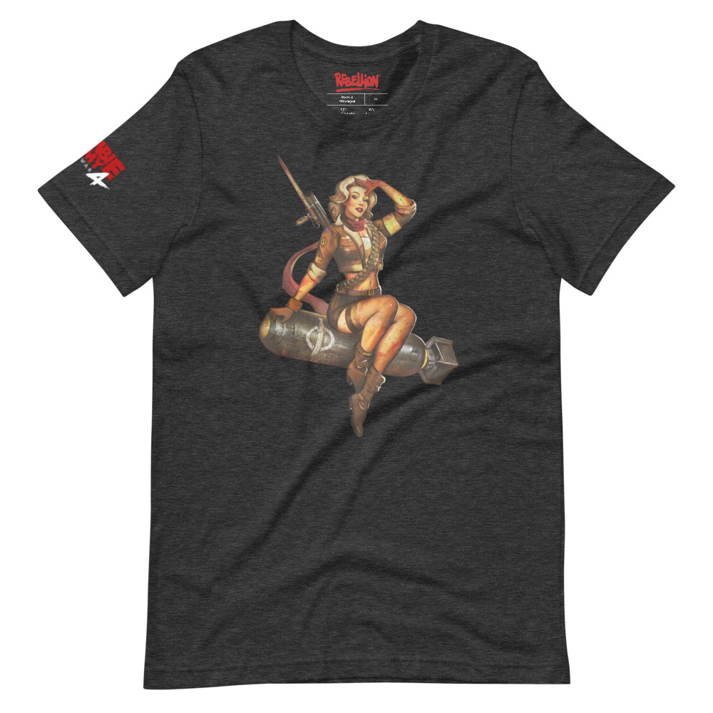 Image of a dark grey heather T-shirt with a retro pinup girl sitting on bomb with a rifle on her back and ammo reels over her shoulder
