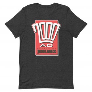 Image of a Dark Grey Heather coloured 2000AD - Classic 1990s Fan t-shirt featuring a large 2000AD - Classic 1990s Fan logo in the middle