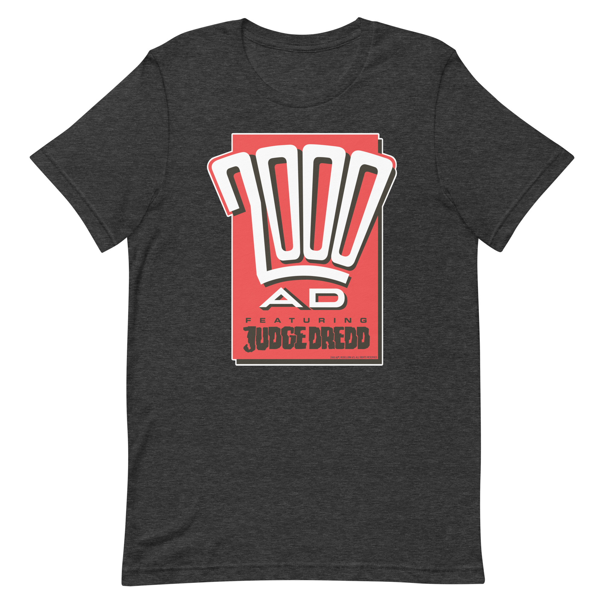 Image of a Dark Grey Heather coloured 2000AD - Classic 1990s Fan t-shirt featuring a large 2000AD - Classic 1990s Fan logo in the middle