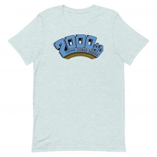 Image of a Heather Prism Ice Blue coloured 2000 AD - Classic 1980s Arch t-shirt featuring a large 2000 AD - Classic 1980s Arch logo in the middle