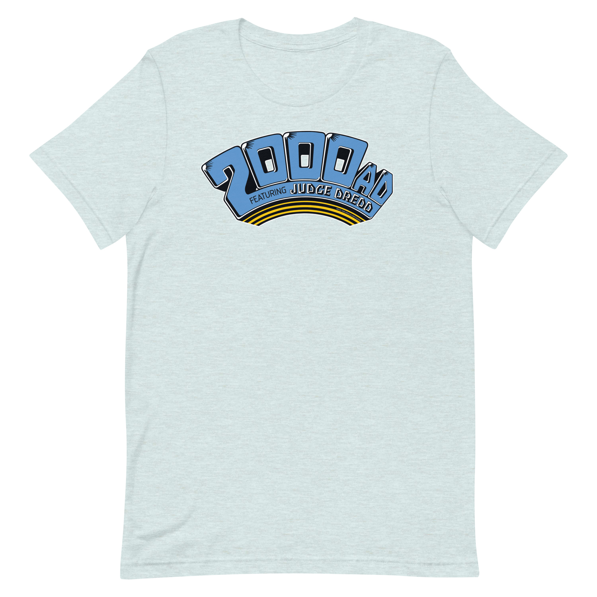 Image of a Heather Prism Ice Blue coloured 2000 AD - Classic 1980s Arch t-shirt featuring a large 2000 AD - Classic 1980s Arch logo in the middle