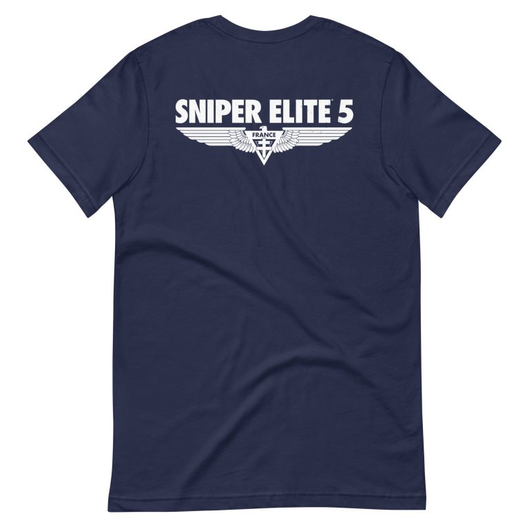 Image of a Navy coloured Sniper Elite 5 t-shirt featuring a large Sniper elite 5 logo in the middle