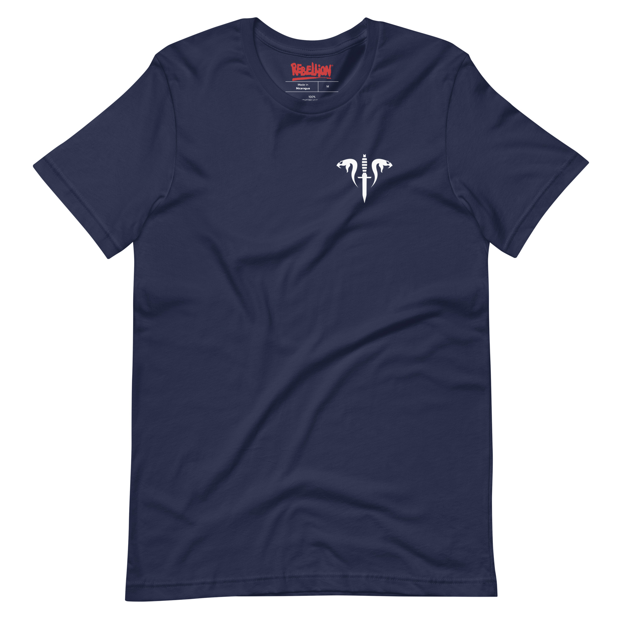 Image of a navy coloured Sniper Elite 5 t-shirt featuring a small Mercenaries emblem on the left breast pocket