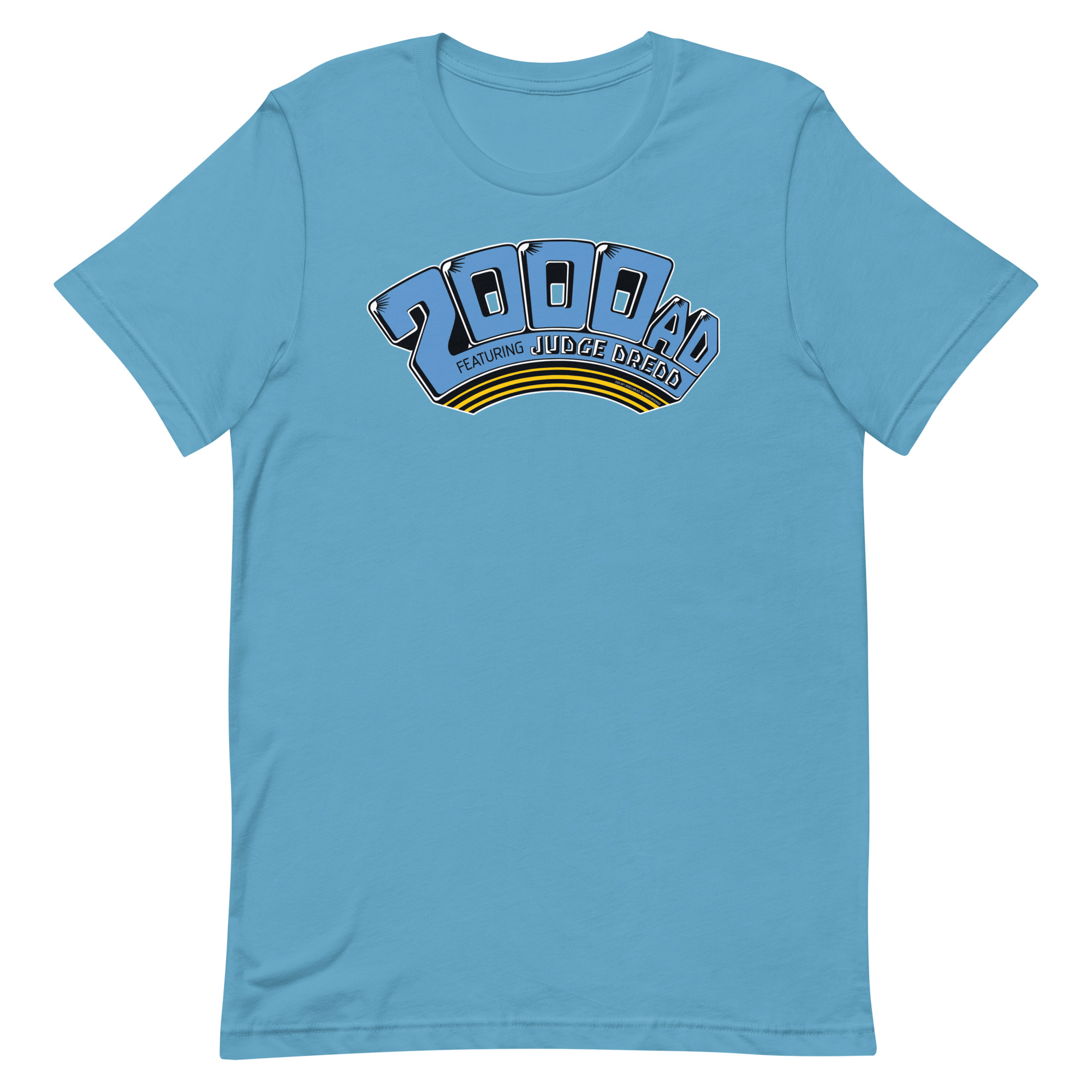 Image of a Ocean Blue coloured 2000 AD - Classic 1980s Arch t-shirt featuring a large 2000 AD - Classic 1980s Arch logo in the middle