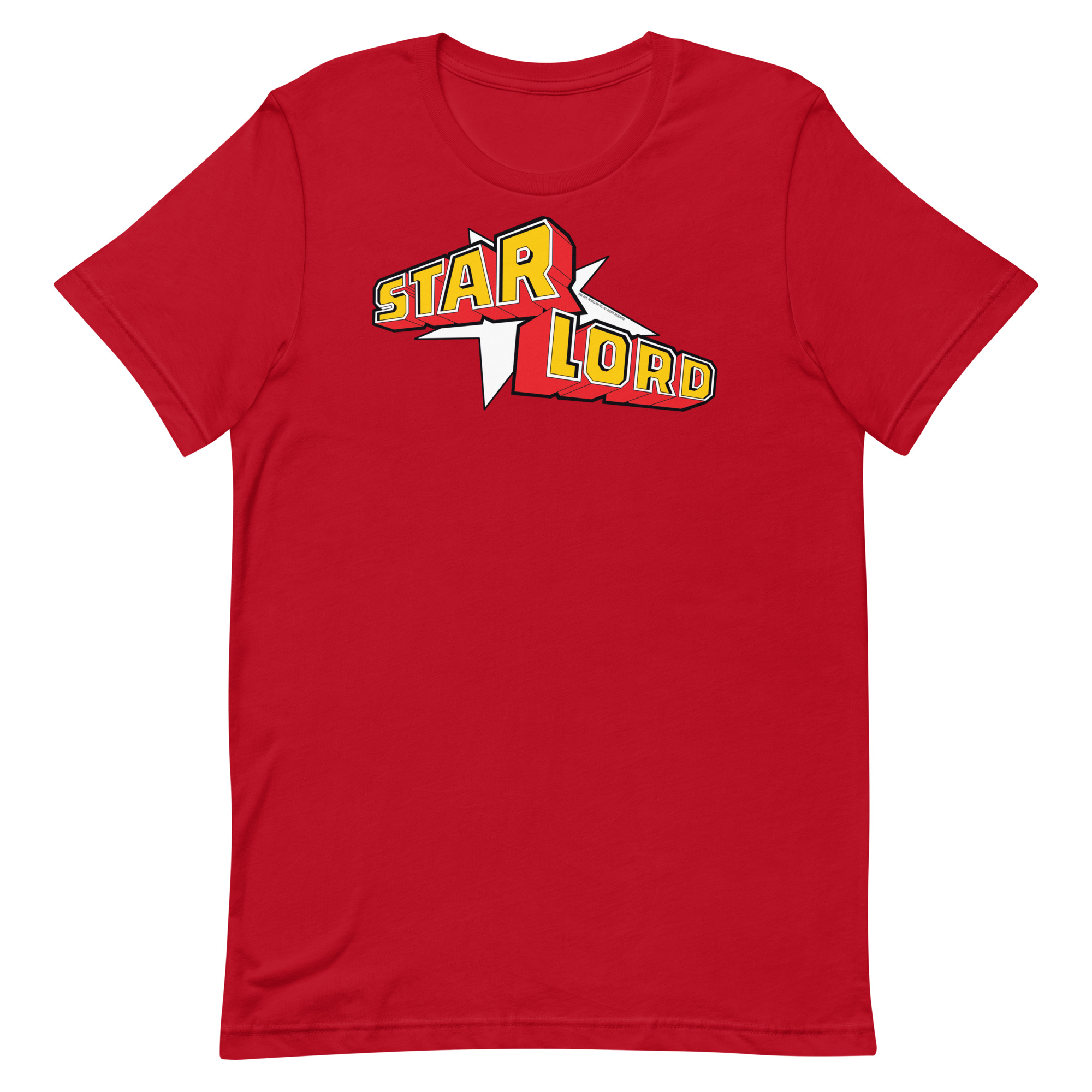Image of a Red coloured Star Lord t-shirt featuring a large Star Lord logo in the middle