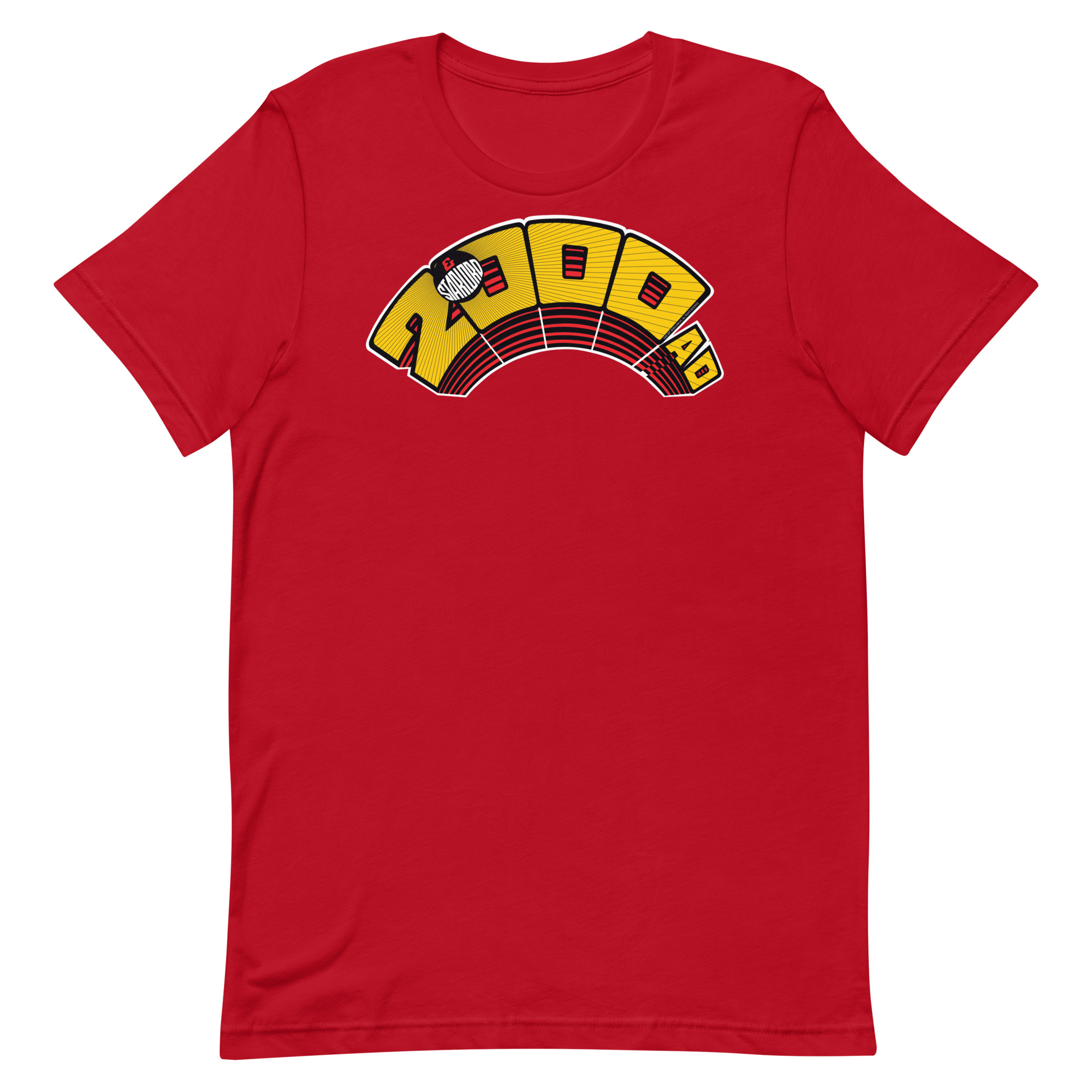 Image of a Red coloured 2000AD Starlord Arch t-shirt featuring a large 2000AD Starlord Arch logo in the middle