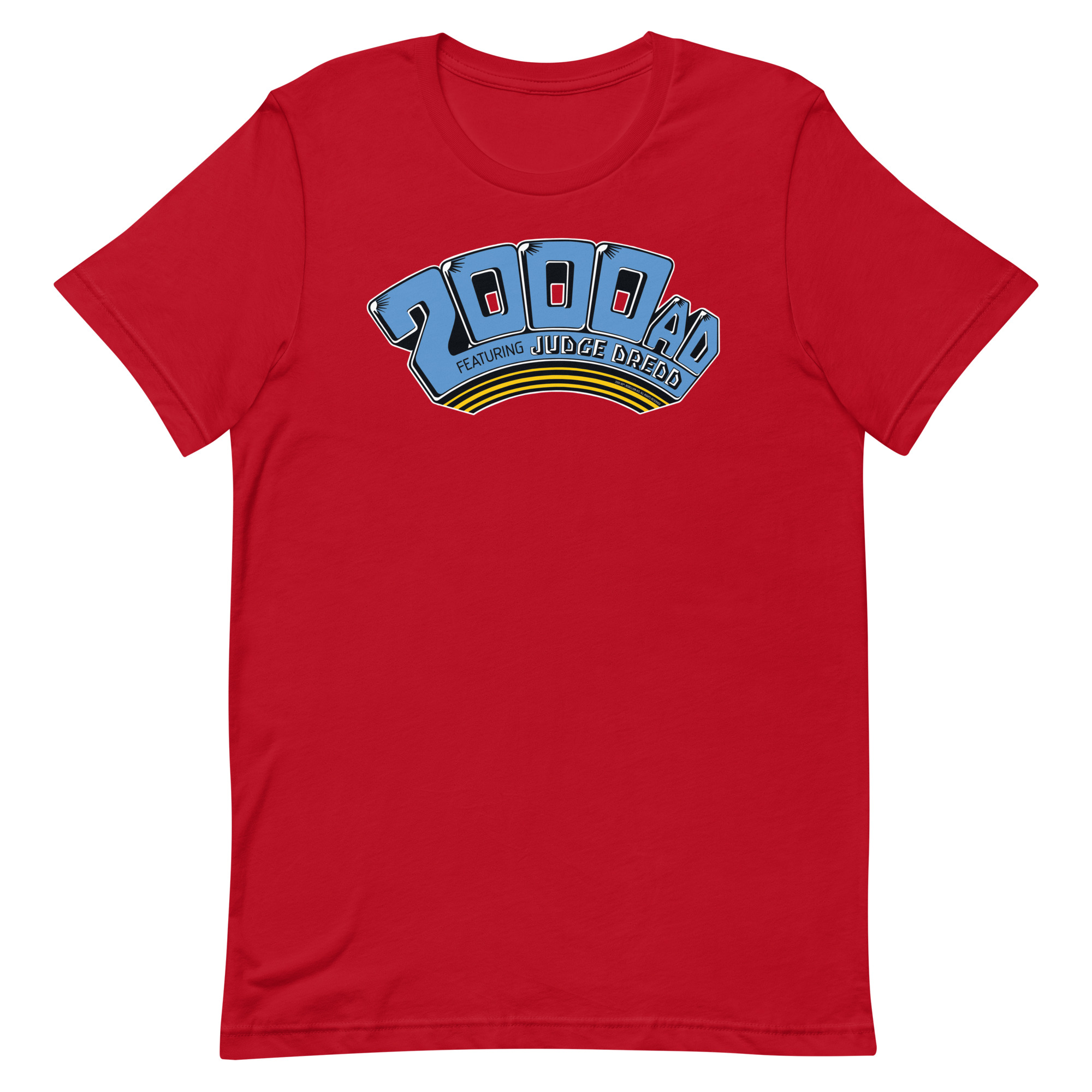 Image of a Red coloured 2000 AD - Classic 1980s Arch t-shirt featuring a large 2000 AD - Classic 1980s Arch logo in the middle