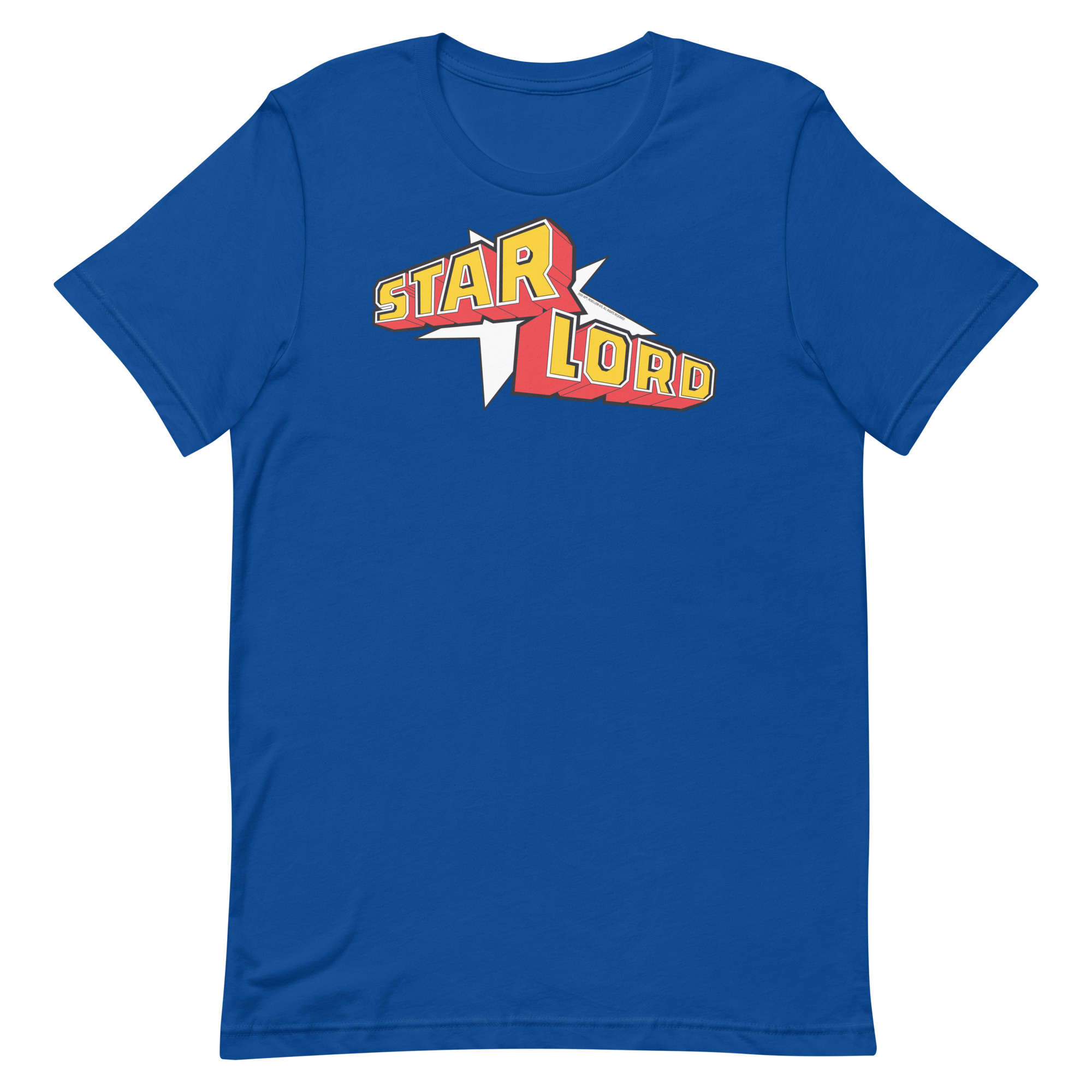 Image of a Royal Blue coloured Star Lord t-shirt featuring a large Star Lord logo in the middle