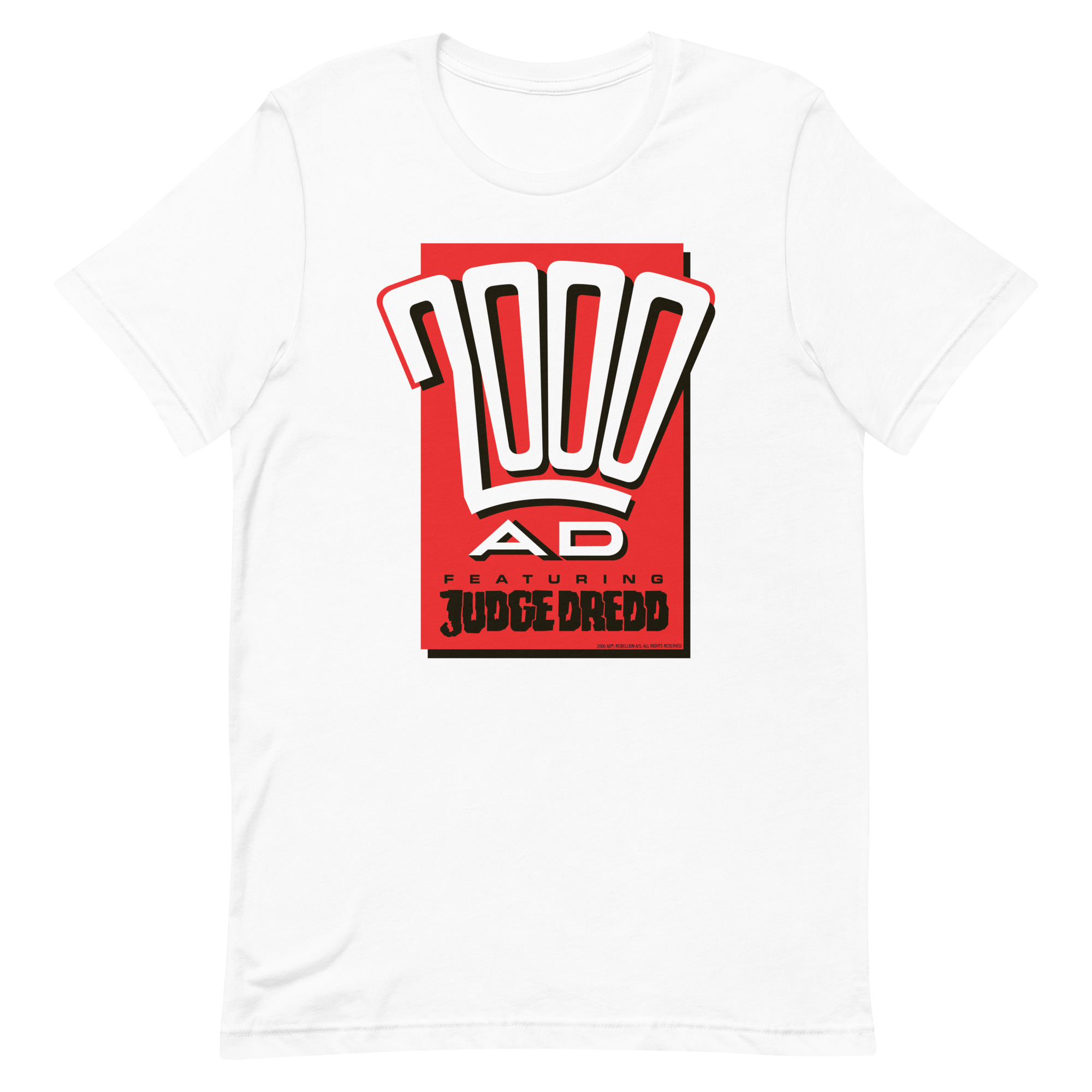 Image of a White coloured 2000AD - Classic 1990s Fan t-shirt featuring a large 2000AD - Classic 1990s Fan logo in the middle