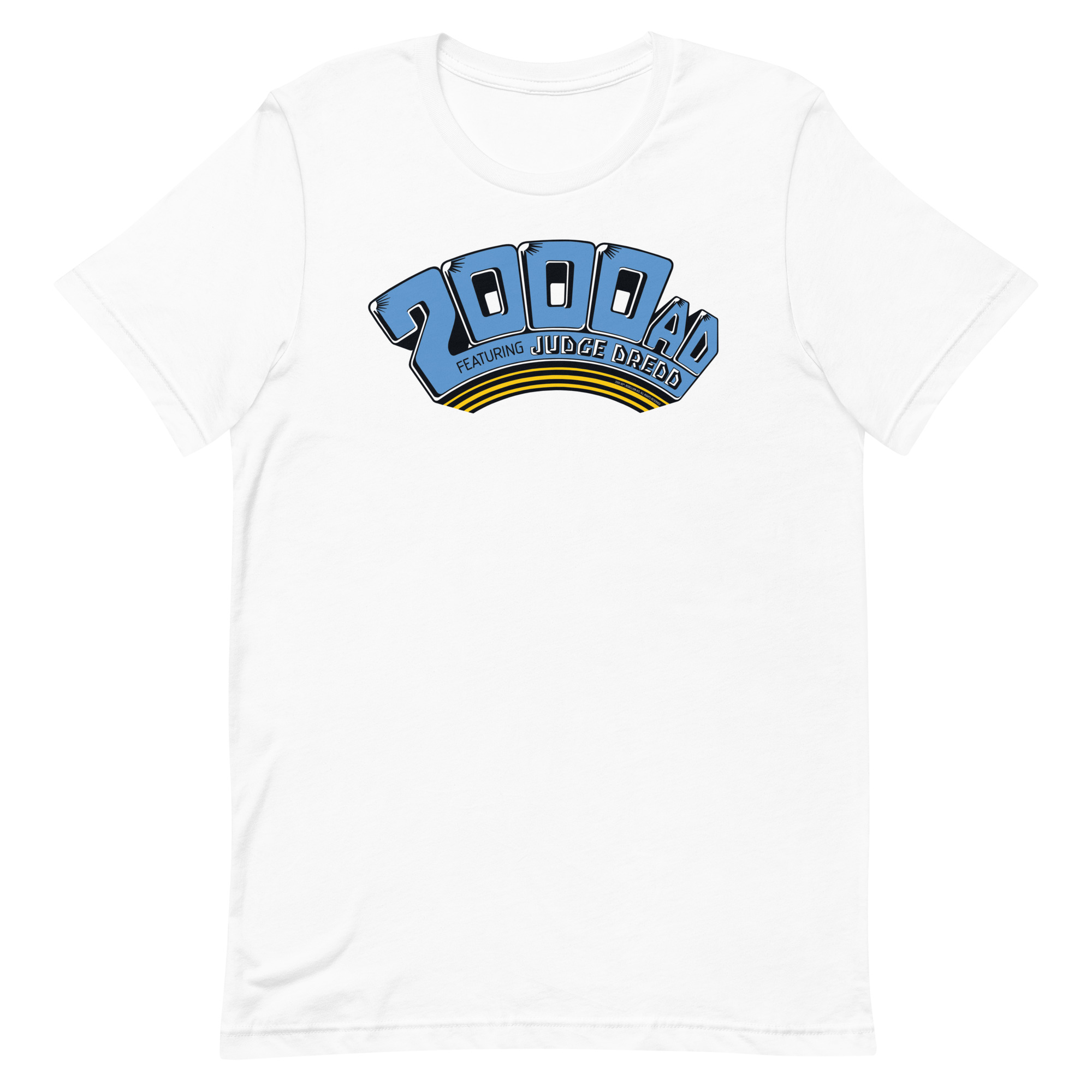Image of a White coloured 2000 AD - Classic 1980s Arch t-shirt featuring a large 2000 AD - Classic 1980s Arch logo in the middle