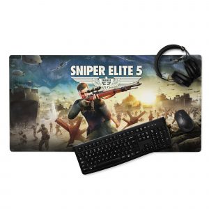 An image of a Sniper Elite 5 gaming mouse mat with a keyboard, mouse and headphones resting on top