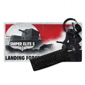 An image of a Sniper Elite 5 gaming mouse mat with a keyboard, mouse and headphones resting on top