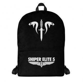 Black backpack with Sniper Elite 5 mercencaries (dagger and two snakes) logo in white