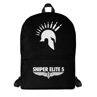 Black backpack with Sniper Elite 5 Warriors (ancient helmet with bullet mohawk) logo in white