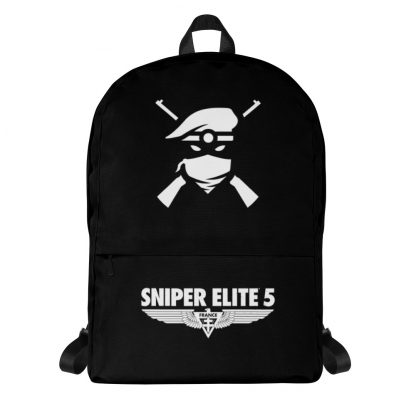 Black backpack with Sniper Elite 5 Renegades (silhouette with beret and crossed rifles) logo in white