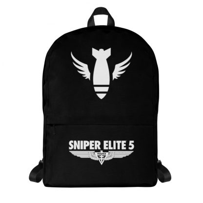 Black backpack with Sniper Elite 5 Commandos (falling bomb with wings) logo in white
