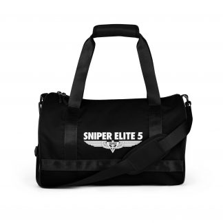 Black gym bag with Sniper Elite 5 logo in white