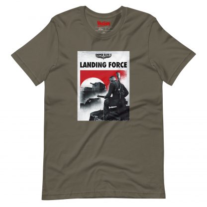 Army green coloured t-shirt featuring artwork from Sniper Elite 5 Landing Force