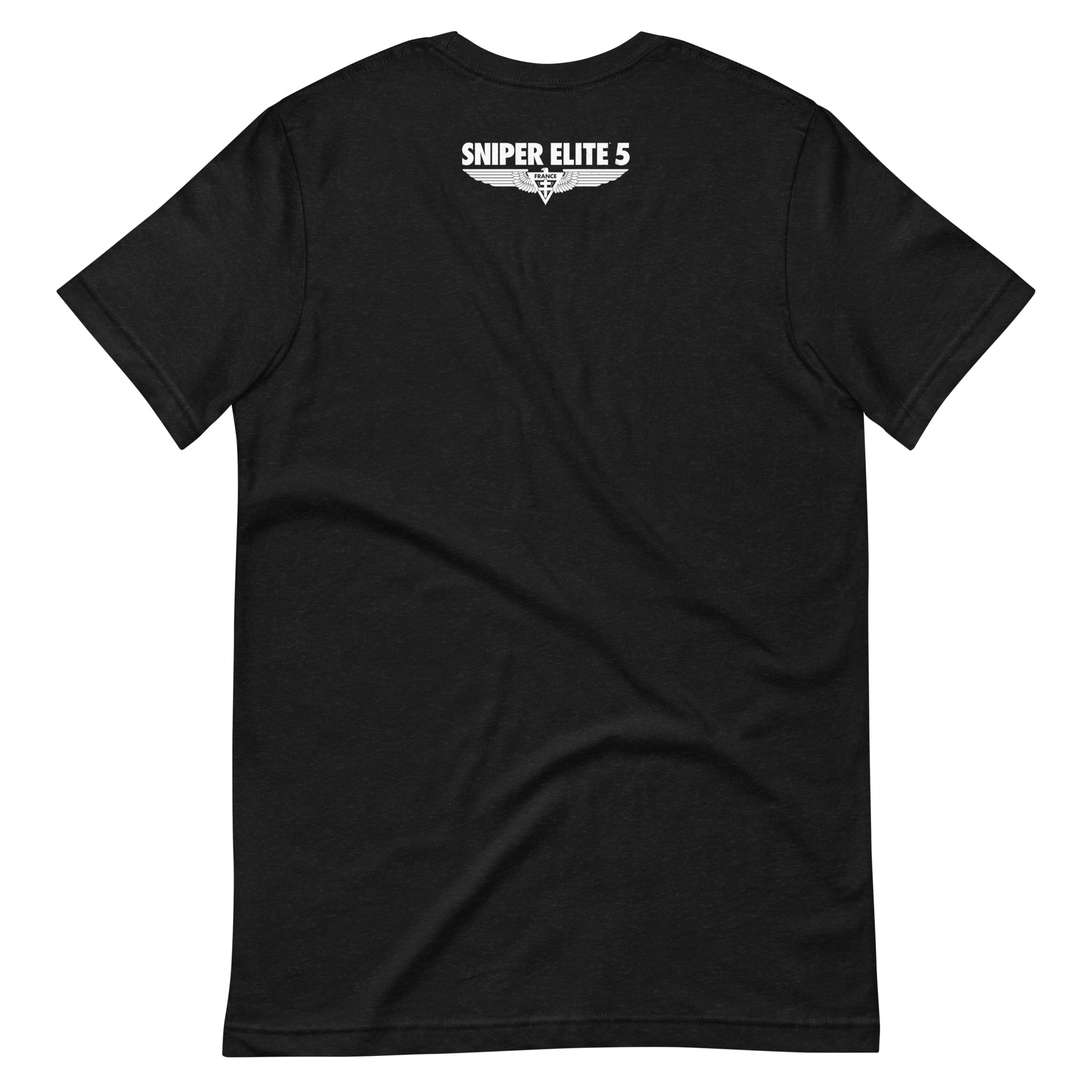 Reverse of a black t-shirt with a white 