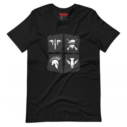 Black t-shirt with the 4 faction logos from Sniper Elite 5 in a cross pattern