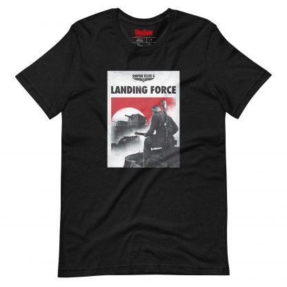 Black coloured t-shirt featuring artwork from Sniper Elite 5 Landing Force