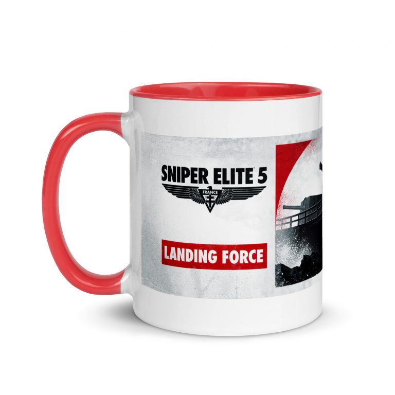 An image of white coloured mug with a red handle featuring artwork from Sniper Elite 5 