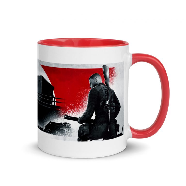 An image of white coloured mug with a red handle featuring artwork from Sniper Elite 5 