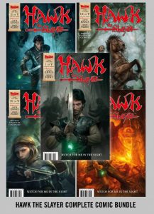 A collage image comprised of the five front covers of the 2022 Hawk the Slayer mini series and the text 'HAWK THE SLAYER COMPLETE COMIC BUNDLE' in black caps at the bottom.