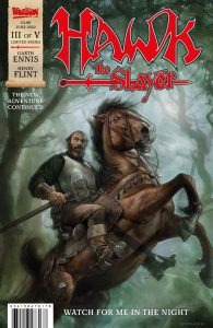 The cover of Hawk the Slayer 2022 Vol 3. 'Hawk the Slayer' in all red caps at the top, a banner on the left with the rebellion logo, price, date, vol# and contributors. Below both art depicting a warrior with a mighty hammer astride a rearing horse.