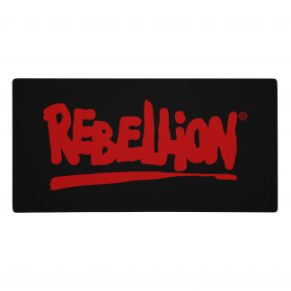 A black gaming mouse mat size 36 by 18 inches with Rebellion logo in red