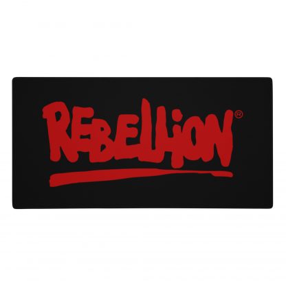 A black gaming mouse mat size 36 by 18 inches with Rebellion logo in red