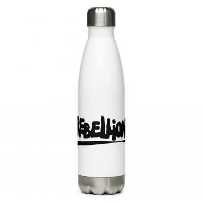 A white stainless steel bottle with Rebellion logo in black