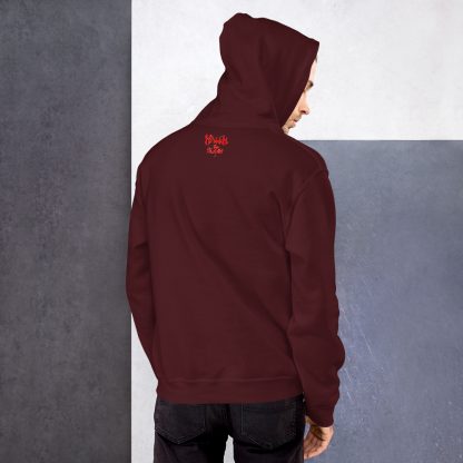 Image of a hoodie in "maroon" colour with the quote "The peace of the dead" from Hawk The Slayer