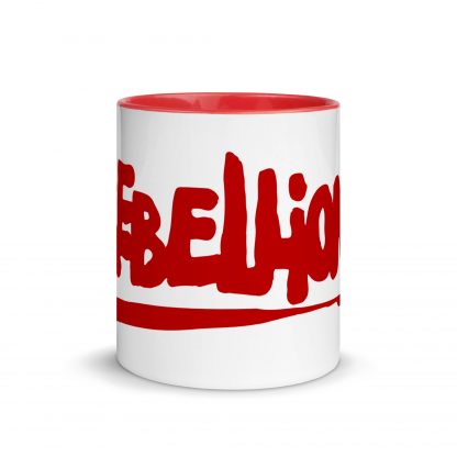A white ceramic coffee mug with a red handle and Rebellion logo in red