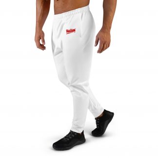White jogging bottoms/track pants with red "Rebellion" logo on upper left leg