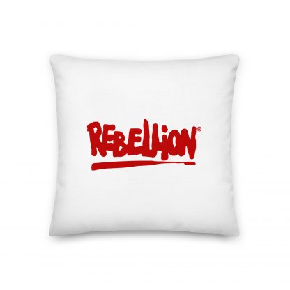 White Rebellion Pillow with red "Rebellion" logo