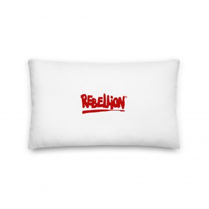 White Rebellion Pillow with red "Rebellion" logo