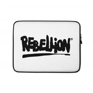 White 13 inch laptop sleeve with black "Rebellion" logo