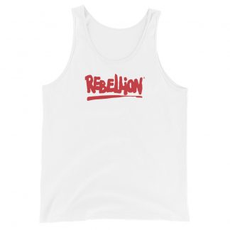 Image of a White tank top with red "Rebellion" logo