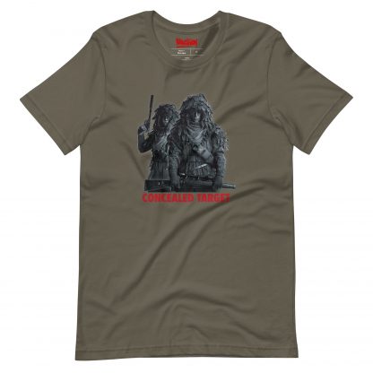 Army green t-shirt featuring Karl Fairburne in ghillie suit with the words "Concealed Target" in red