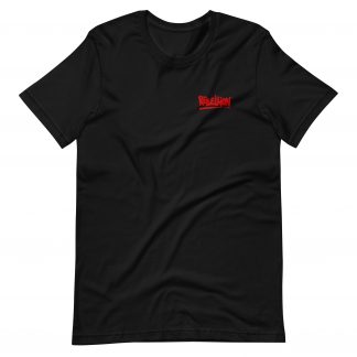 Black t-shirt with red "Rebellion" logo over left chest