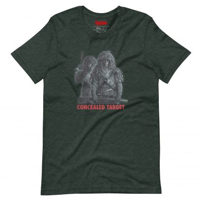 Forest green t-shirt featuring Karl Fairburne in ghillie suit with the words "Concealed Target" in red