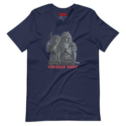 Navy t-shirt featuring Karl Fairburne in ghillie suit with the words "Concealed Target" in red