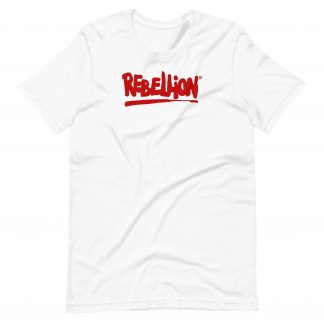 White t-shirt with red "Rebellion" logo