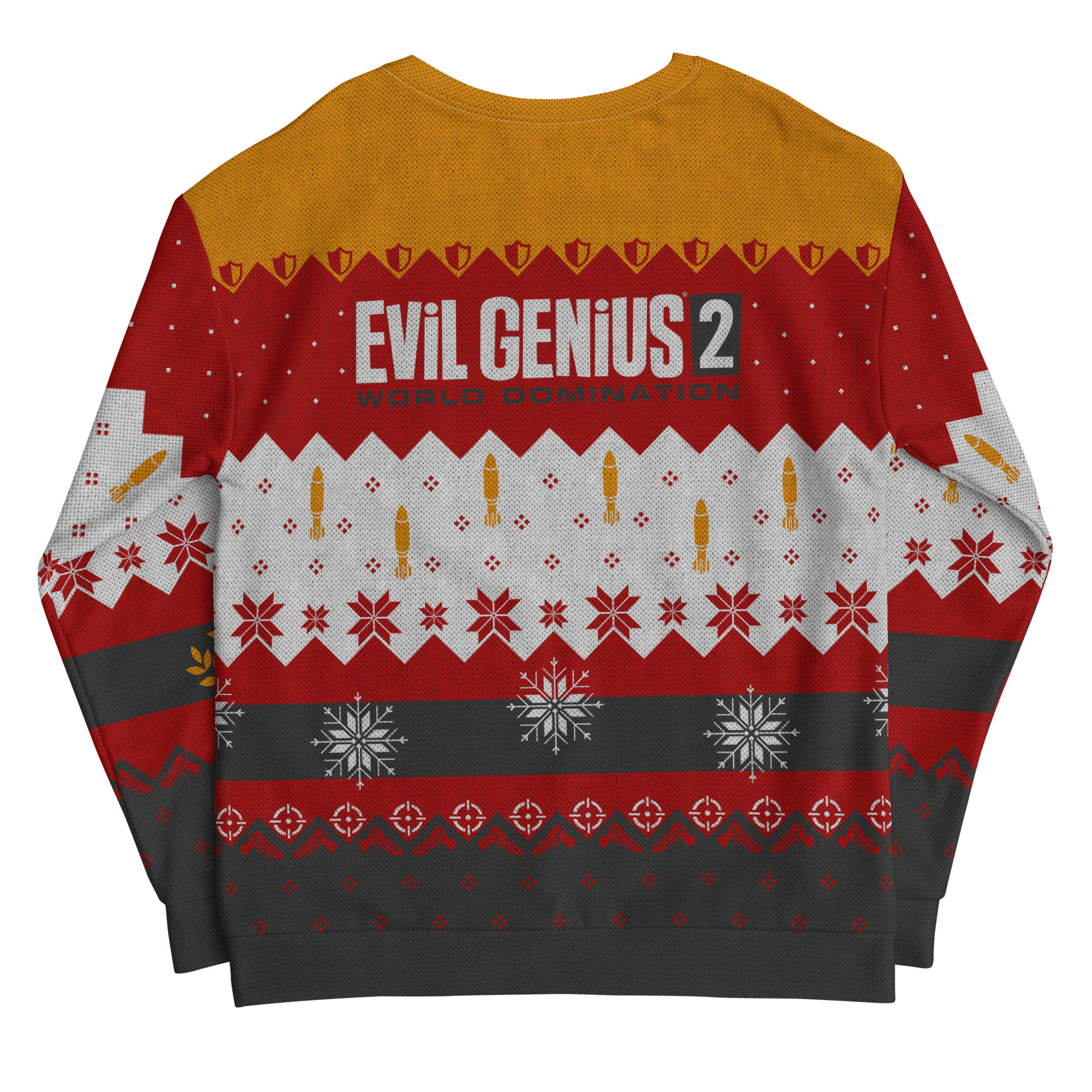 An image of a christmas jumper in red, orange, white and black colour scheme with motifs from Evil Genius 2